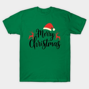 Merry Christmas typography design with reindeer and christmas hat T-Shirt